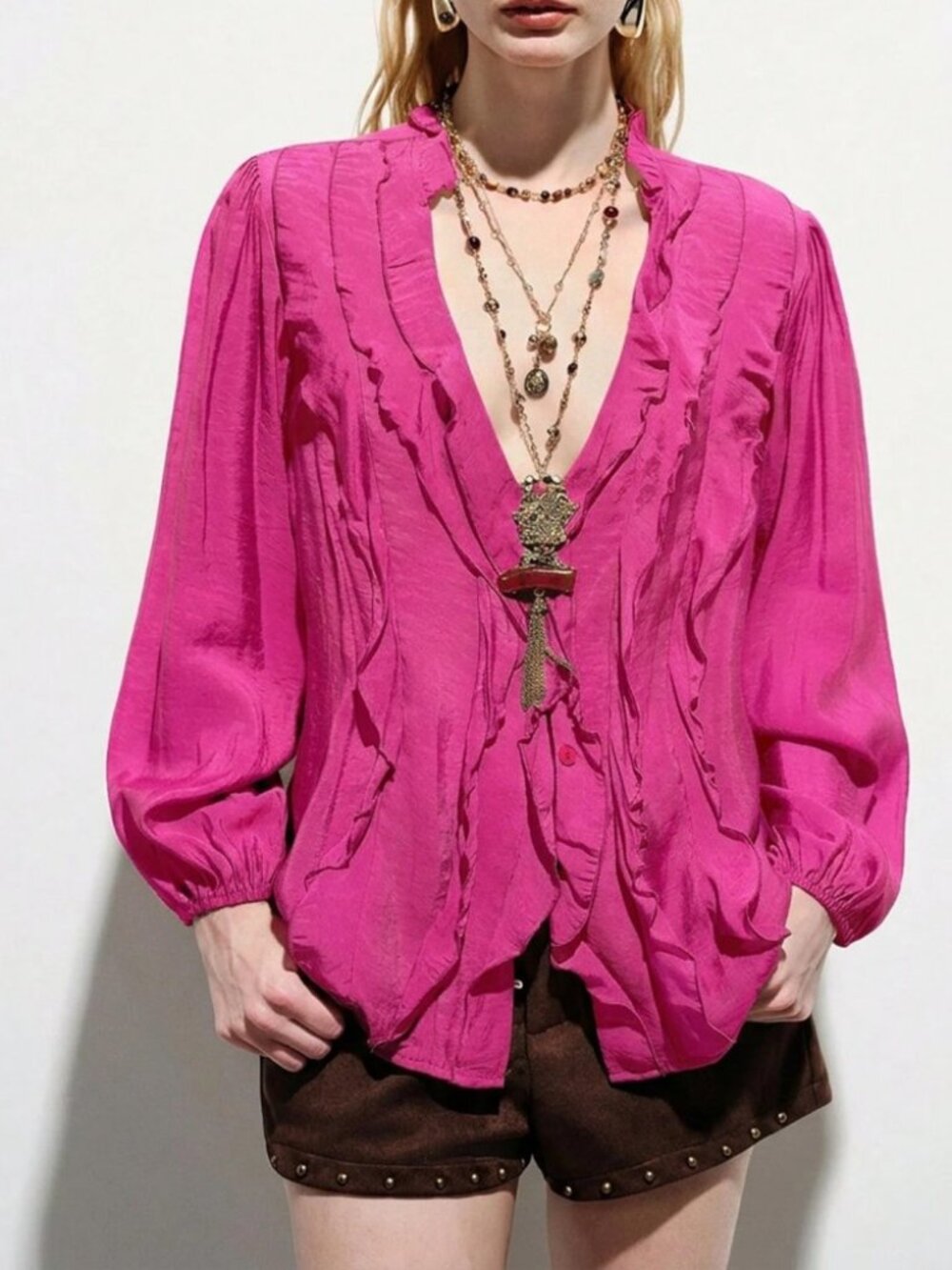 Fuchsia Pink Ruffle Front Blouse with Flounce Collar